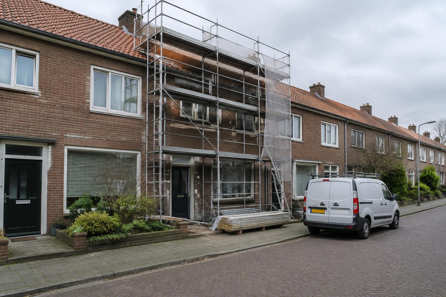 Woonstraat met een woning in de steigers en een bestelbus voor de deur